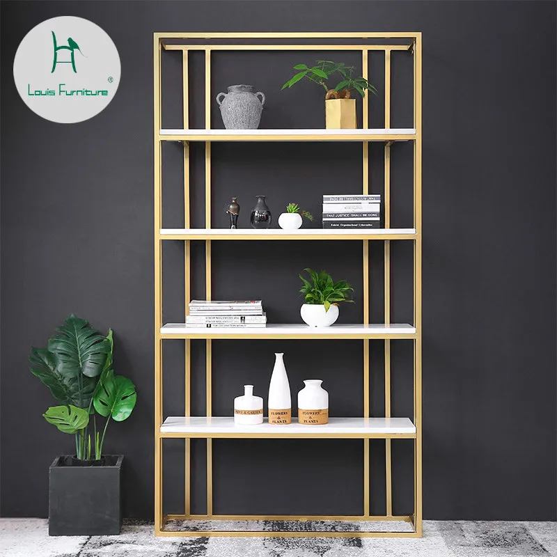 

Louis Fashion Bookcases Iron Floor Golden Nordic Bookshelf Modern Simple and Creative Living Room Partition Display Cabinet