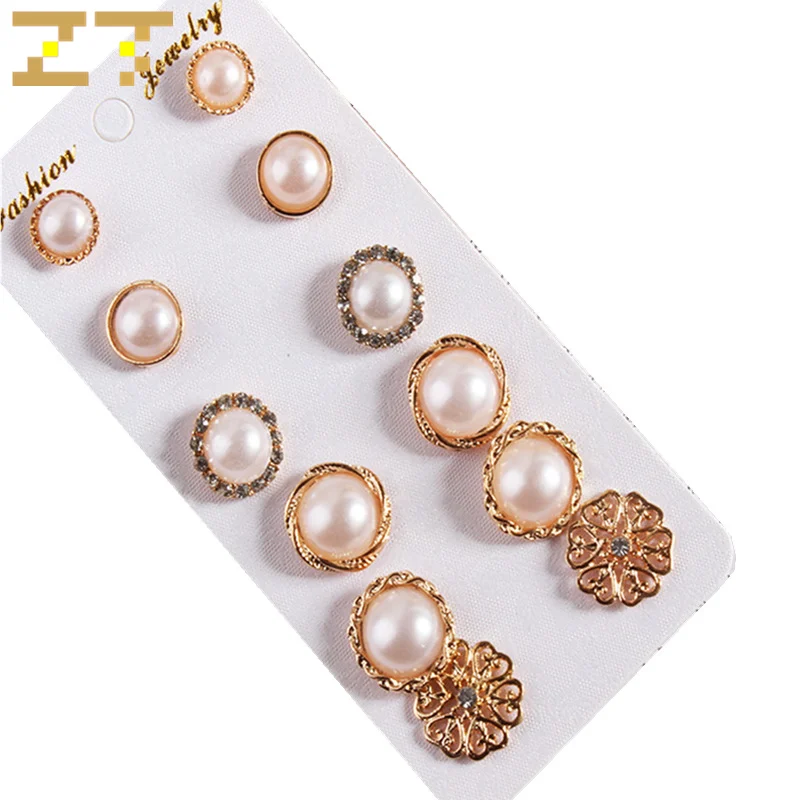 

Hot Sale 6pcs/set Fashion Simulated-pearl Crystal Simple Round Flower Gold Color Stud Earring for Women Jewelry Brinco Oorbellen