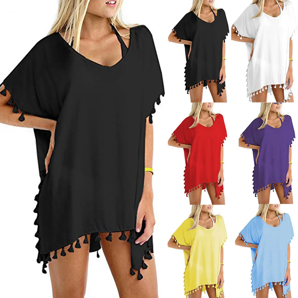 

4 Colors Women Solid Chiffon Swimsuit Cover Up Swimwear Beachwear Bikini Loose Beach Cover-Up Bathing Suit Swimsuit Swimwear