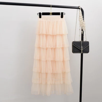 Кружева Тюлевая юбка Для женщин корейской моды Высокая Талия элегантные длинные макси юбка Женский черный, розовый сетки многоуровневого юбка для девочек - Цвет: apricot