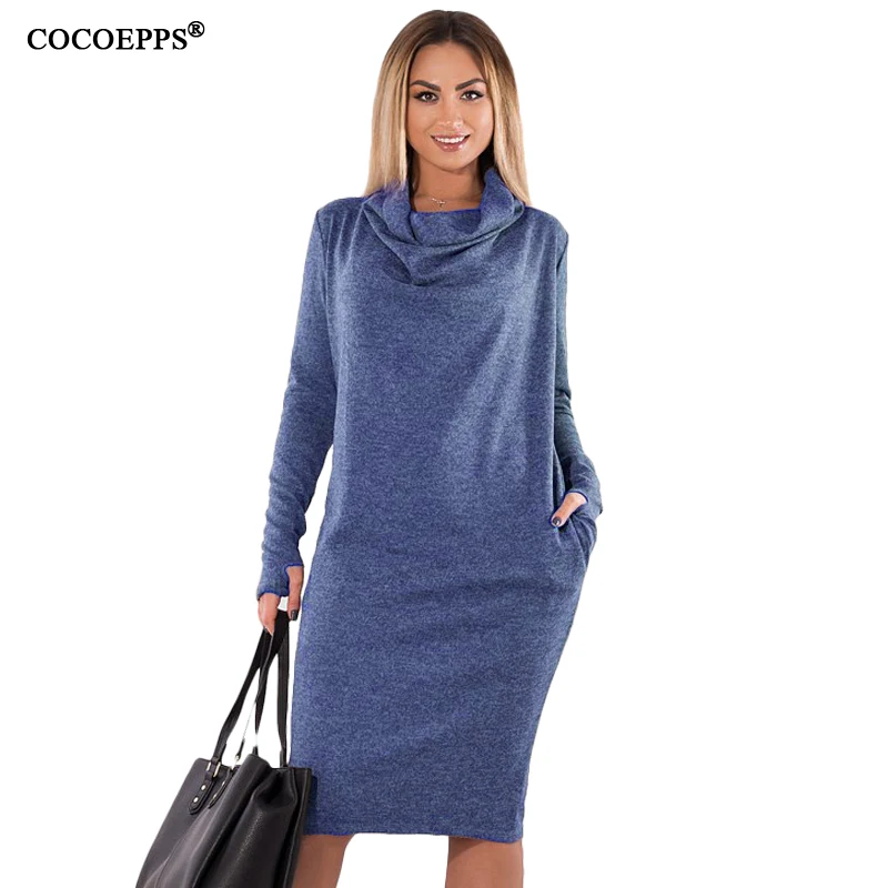 COCOEPPS Long sleeve Autumn High Neck Women Large Size Dress Thicken 5XL 6XL Plus Size Dress Mid-Calf Female Clothes vestidos