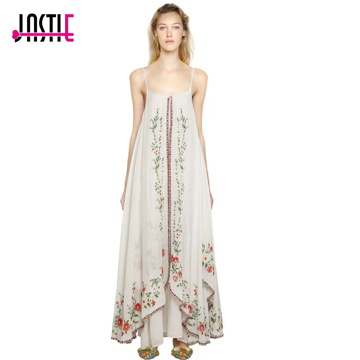 Jaatie Регулируемый Бретели для нижнего белья летние платья Floral Embroidered Maxi платье рябить подол бохо платье vestidos 2017 Для женщин одежда