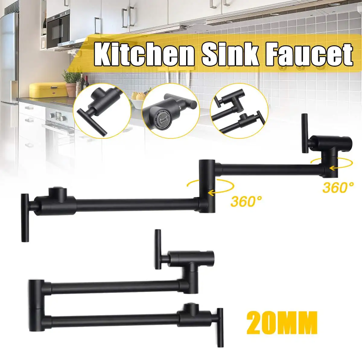 

Solid Chrome Black Pot Filler Kitchen Faucet Wall Mounted Single Hole Tap Swing Spout Matte Black Double Rotate Folding Spout