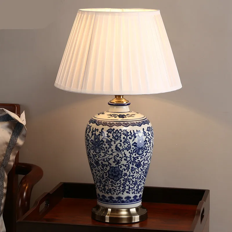 High End Handmade Elegant Chinese Blue And White Ceramic Fabric Led E27 Dimmer Table Lamp For Living Room Bedroom H 58cm 1261