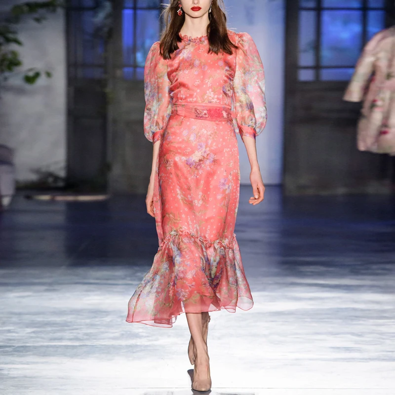 

2019 New Arrival Runway Designer Elegant Midi Dress Pink Luxury Brand High Quality Spring Summer Chiffon Ruffled Dress Women