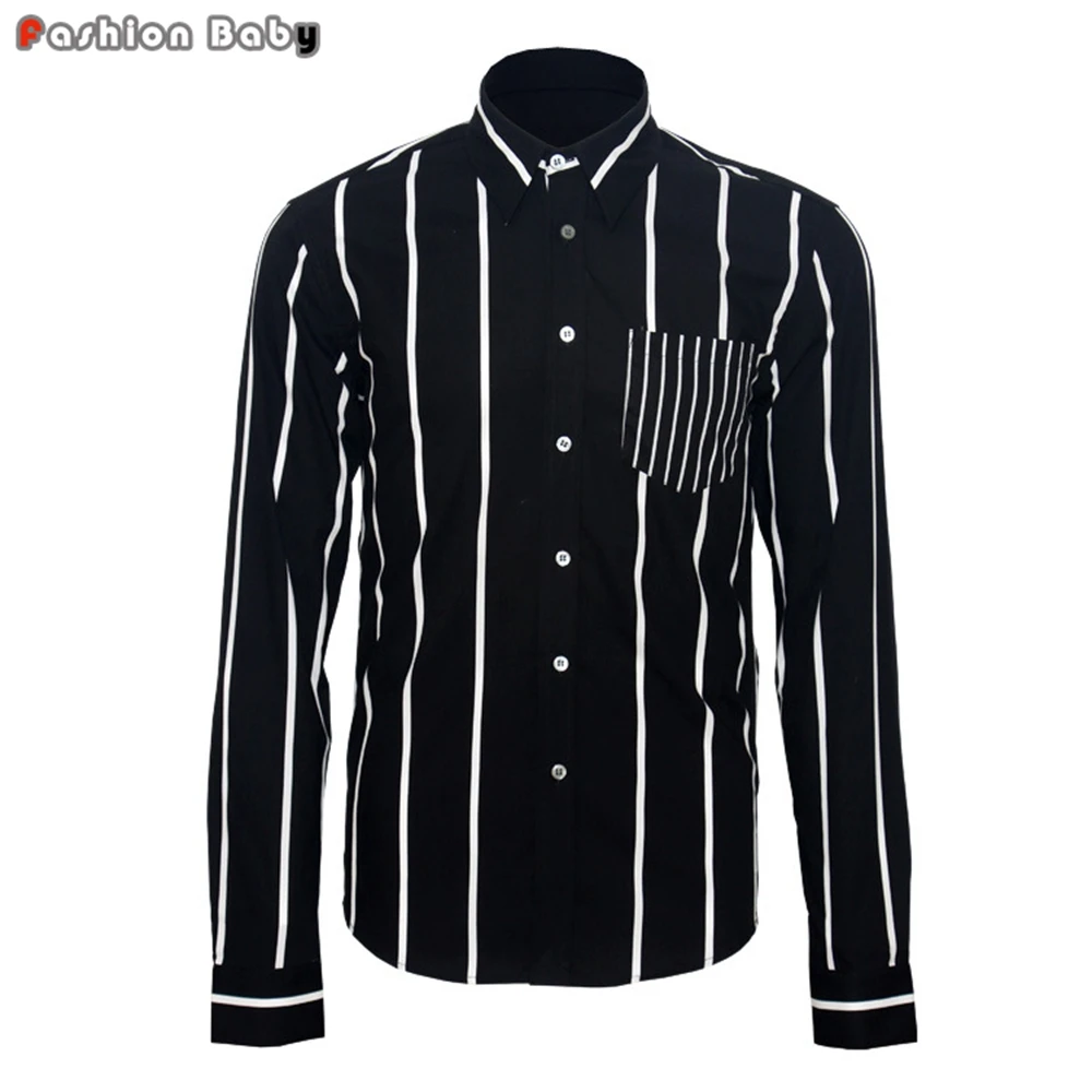 Men's White Stripe Party Dress Casual Shirt Fashion Pocket ...