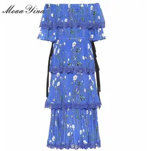 MoaaYina, высокое качество, модное дизайнерское подиумное платье, весна-лето, женское синее платье с цветочным принтом, каскадные платья с оборками для отпуска