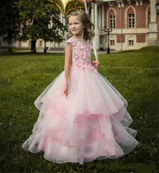 

Princess Beautiful Pink Puffy Tulle Lace Girls Dresses O Neck Ankle Length 3D Applique Kids Children Birthday Party Gown