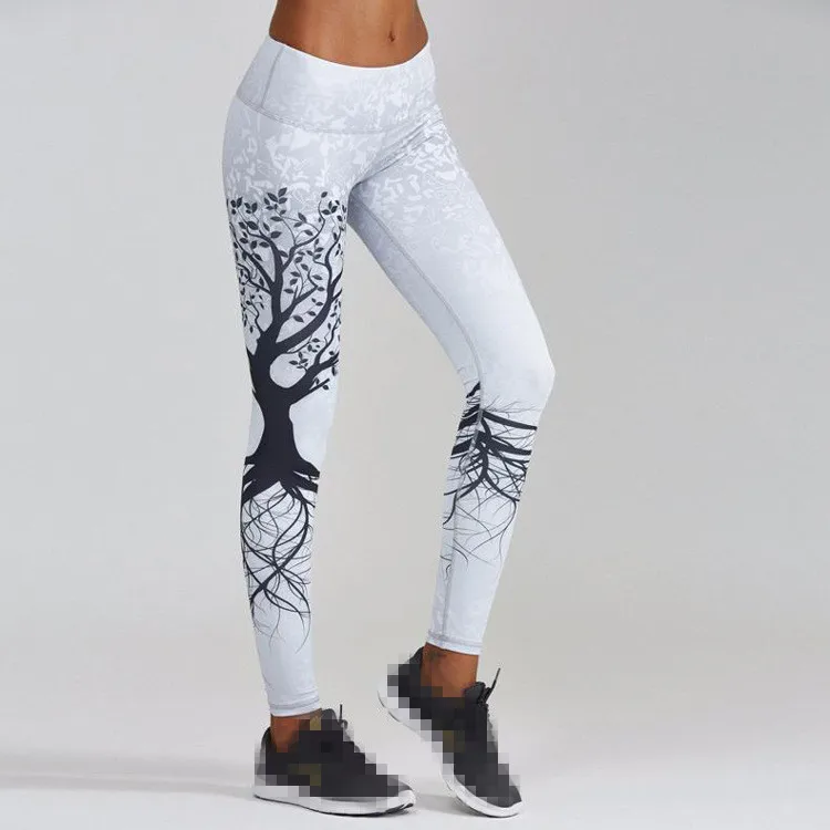 

2019 Spring Summer Black Tree Printed Leggings Push Up Elastic High Waist Legging Sportswear Skinny Legins Women Pants Drop