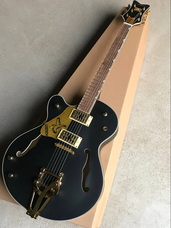 

Left Handed Korean Tuners Custom Shop Golden Hardware Gretsch Matte Black Falcon 6120 Hollow Body Jazz Electric Guitar