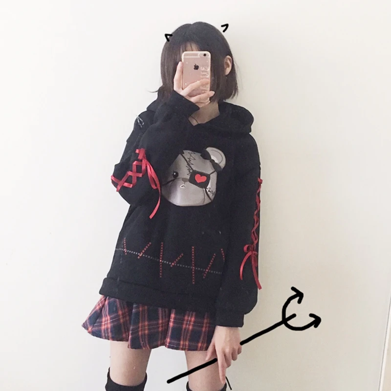 Harajuku Kawaii Black Hoodies Women Autumn Lolita Hooded Clothes