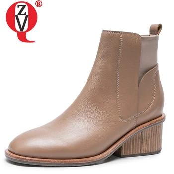 

ZVQ women shoes 2019 winter new concise high quality genuine leather square toe med square heel slip-on casual lady ankle boots