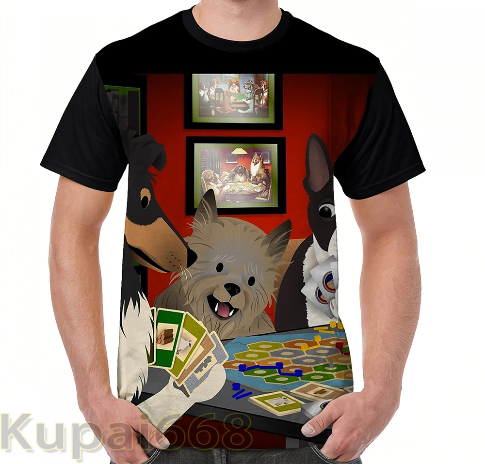 

funny Graphic print t shirt men Tops tees Dogs Playing Settlers of Catan women T-Shirt Short Sleeve Casual tshirts