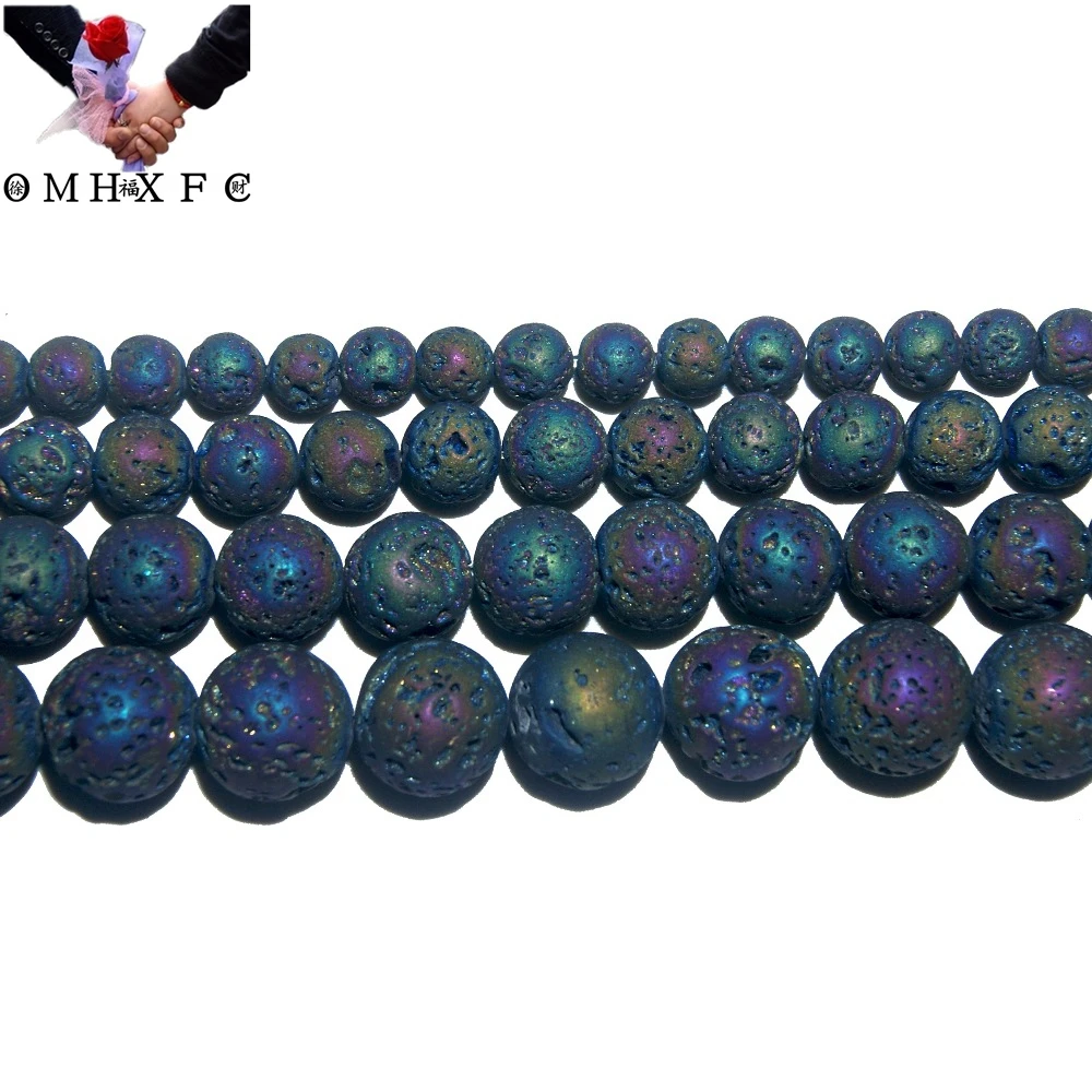 

OMH Wholesale 4 6 8 10 12 MM Natural Stone Plating Color Volcanic Lava Bead Bracelet Necklace ZZ15