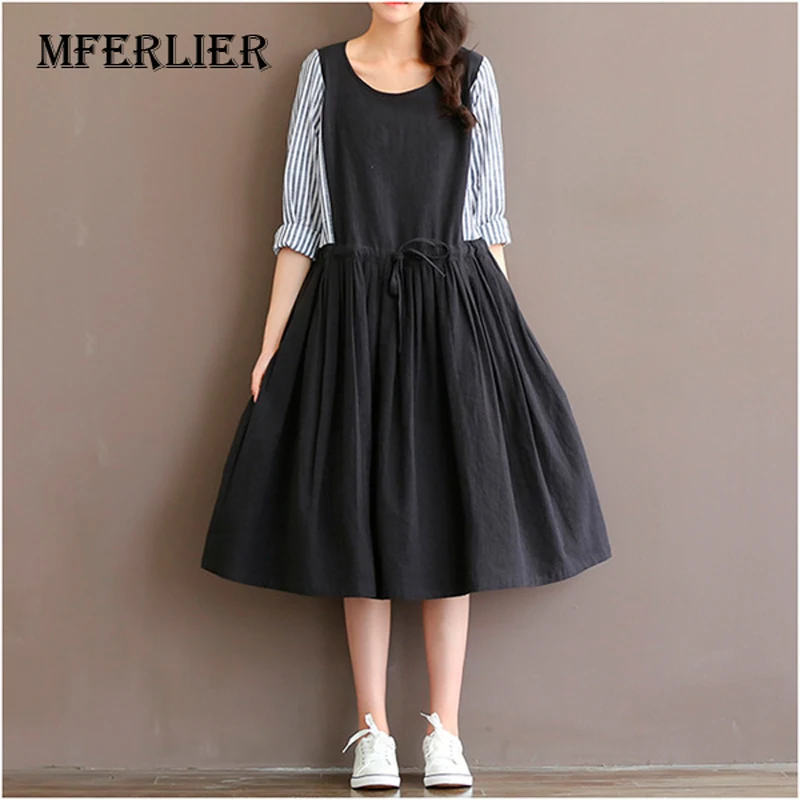 

Autumn Dress for Women Striped Print Patchwork Black Sweet Dress Long Sleeve High Waist O Neck Cotton Linen Lolita Dress