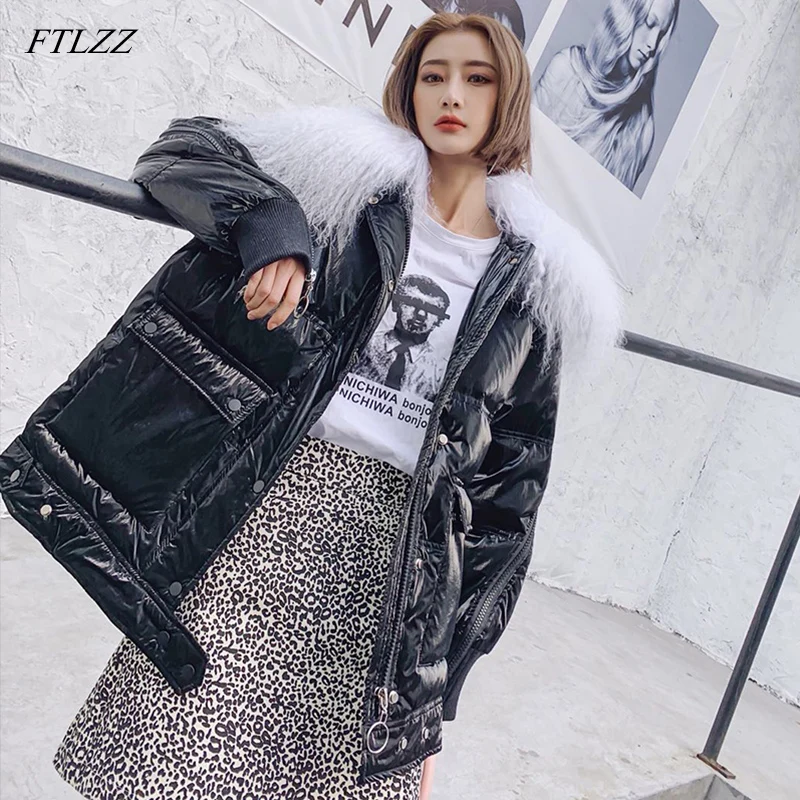 Beste Ftlzz Vrouwen Donsjack Winter Witte Eendendons Jassen Sliver Parka Echte Wol Kraag Jassen Vrouwelijke Glossy Waterdichte Jas