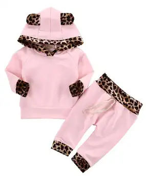 

Baby girl clothes spring and autumn new female baby warm sweater suit cotton leopard cute set hooded two-piece