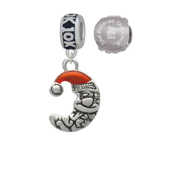 Silvertone Small Crescent Moon Santa 10K Run She Believed She Could Charm Beads (Set of 2)