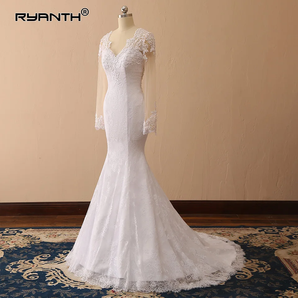 

Vestido de noiva 2019 Trouwjurk New Arrival Sheer Illusion Long Sleeves Lace Mermaid Wedding Dress Cheap Robe de Mariee