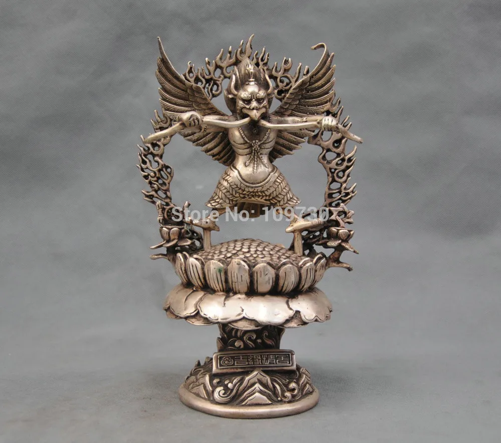 

001959 10'' China Silver Bronze garuda Guardian numen Buddha Bronze Statue