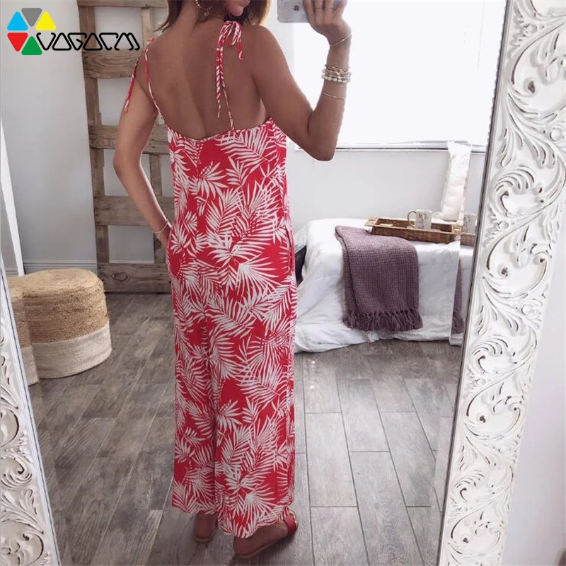 Women Sexy V Neck Summer Sling Leaf Print Backless Loose Boho Jumpsuit Plus Size S-2XL Lacing Beach Party Wide Leg Long Pants