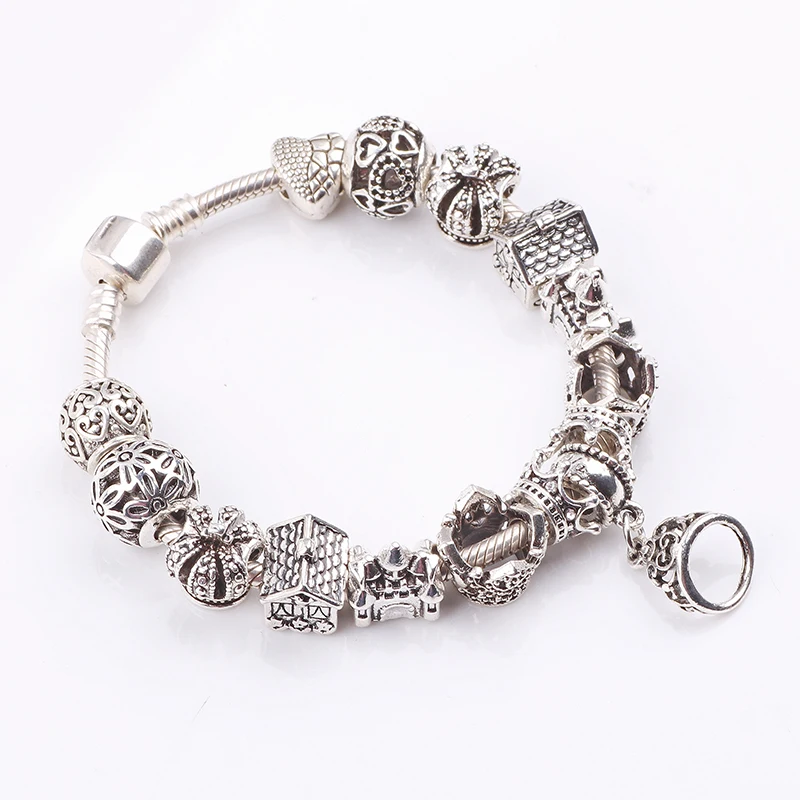 European Silver Plated Crown Bracelet Charm Crystal Glass Beads Women Jewelry