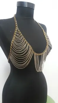 

2019 New Women Sexy Tone Mesh Body chain Bra Slave Harness V Necklace Gold color Waist Jewelry BYD68
