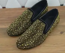 Лидер продаж черный золото кристалл Slip-on Мужские модельные туфли Высокое качество без каблука Винтаж заклепки Мужская обувь размеры 36–46