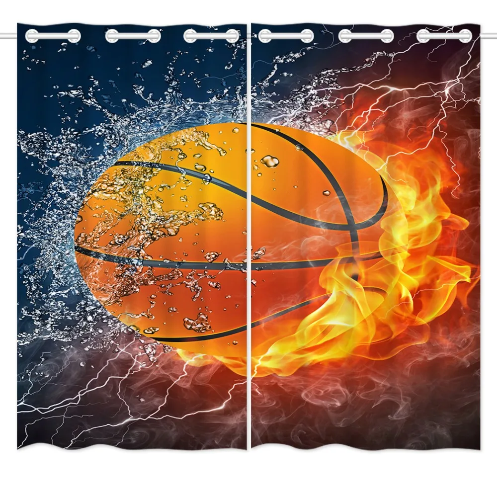 

HommomH Curtains Grommet Top Darkening Blackout Living Room Basketball Water Fire Blue Yellow