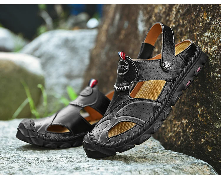 SUROM/мужские сандалии из натуральной спилок; мягкие воздухопроницаемые тапочки; Резиновые Нескользящие повседневные пляжные ботинки; мужская обувь ручной работы на плоской подошве