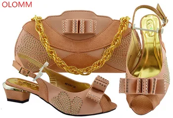 

OLOMM Peach Color African Shoes And Bag Set Decorated With Rhinestone Nigerian Women Wedding Shoes And Bag Sets! F-17