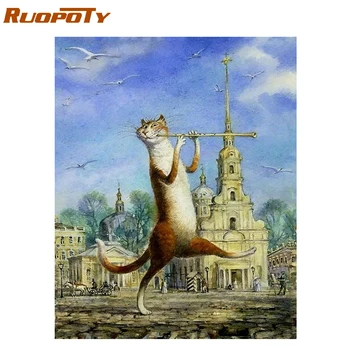 

RUOPOTY diy frame Walking Cat Animals DIY Painting By Numbers Hand Painted Oil Painting Wall Art Picture For Gift Home 40X50CM