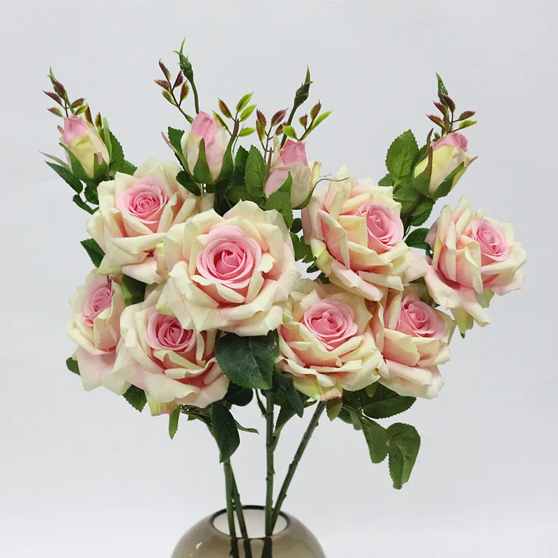 Flone 3 Heads Artificial Rose Flowers Simulation Rose Flower Silk Flower Fake Rose Flower Branch Wedding Home Party Decor Flores (4)