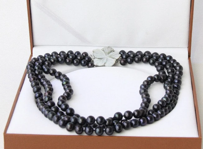 

N1544 3row 9-10mm round black Freshwater pearl necklace seashell clasp N Discount NEW