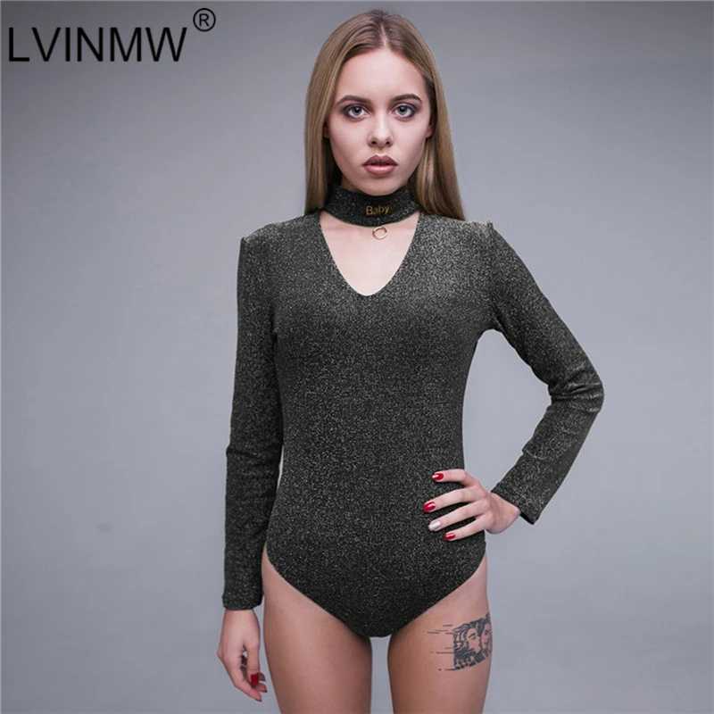 LVINMW Sexy Reflective Letter Embroidery Skinny Bodysuits 2018 Autumn Winter Women Long Sleeve Halter Neck Short Romper Overalls