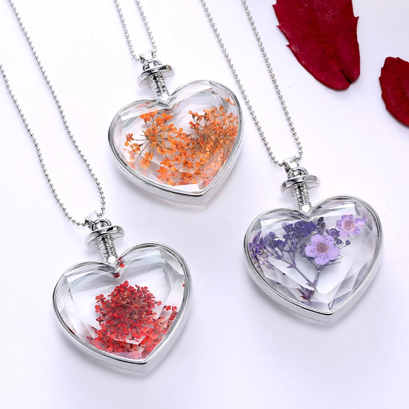 

LNRRABC Delicate Heart Shape Floating Dried Flower Plant Specimen Crystal Glass Long Pendent Sweater Necklace Women Accessories