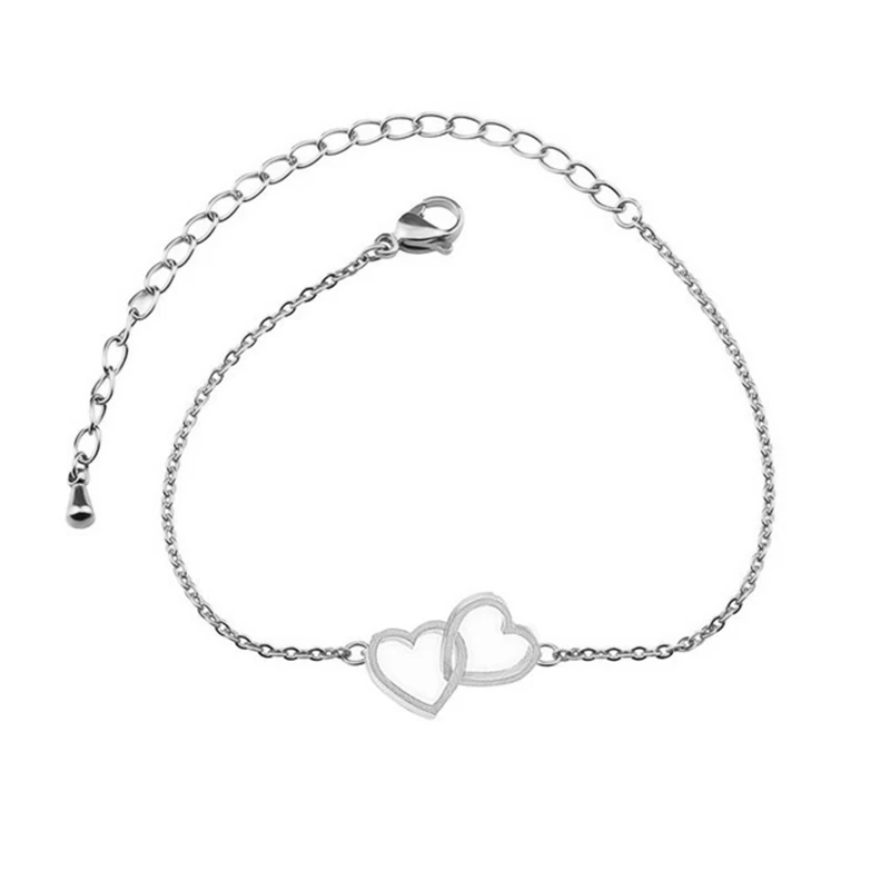 Hollow Two Hearts Charms Bracelets Stainless Steel Dianty Gold Silver