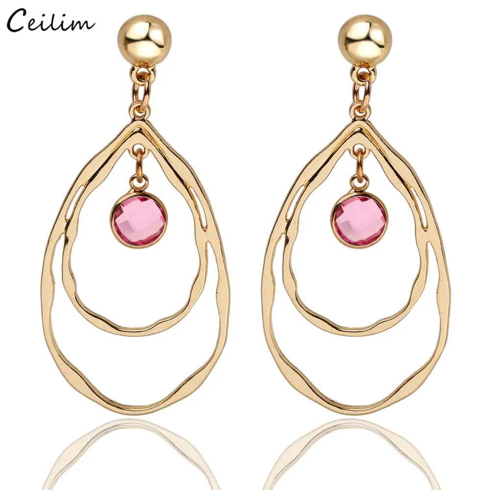 

2019 Hot Fashion Geometric Earring for Women Gifts Trendy Gold Color Long Statement Earrings Elegant Pink Crystal Ear Jewelry