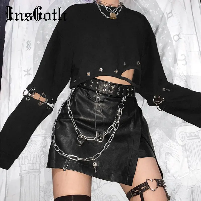 

InsGoth Black Crop T-shirts Women Gothic Hip Hop Ring Hollow Out Long Sleeve O-neck Female T-shirts Autumn Streetwear Short Tops