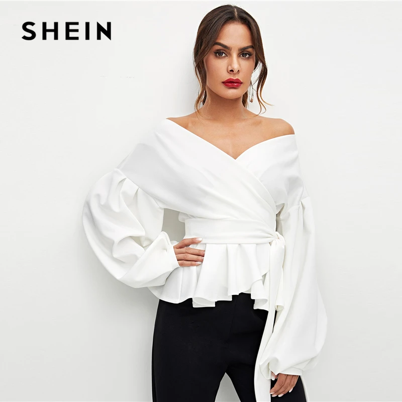 SHEIN White Office Lady Elegant Lantern Sleeve Surplice Peplum Off the Shoulder Solid Blouse Autumn Sexy Women Tops And Blouses