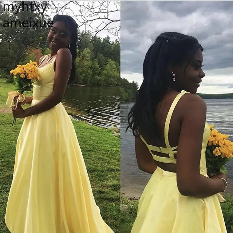 

Yellow Sexy Cheap V-neck Straps A-line Floor 2021 New Length Sweep Train Backless Satin Plus Size Evening Dresses Robe De Soiree