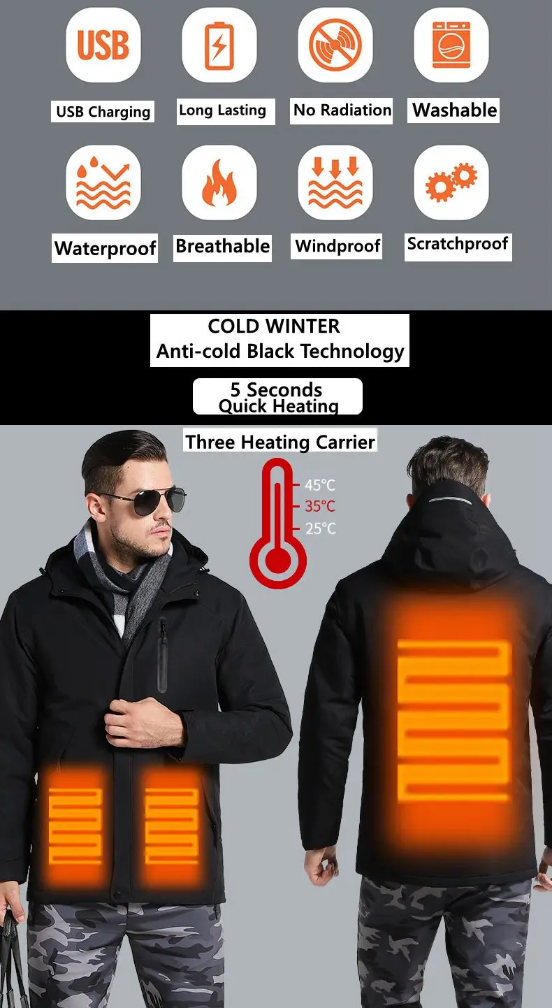 Мужская зимняя теплая хлопковая куртка с USB подогревом водонепроницаемая ветровка с капюшоном зимнее пальто толстая теплая зимняя мужская куртка подарок для отца