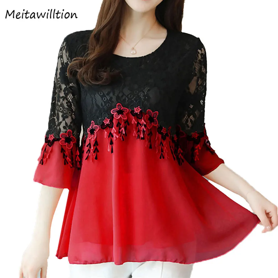 

2019 Spring Hollow Women Embroidery Blouse Summer Ladies Half Sleeve Chiffon Blouse Casual O Neck Female Lace Tops Plus Size 5x