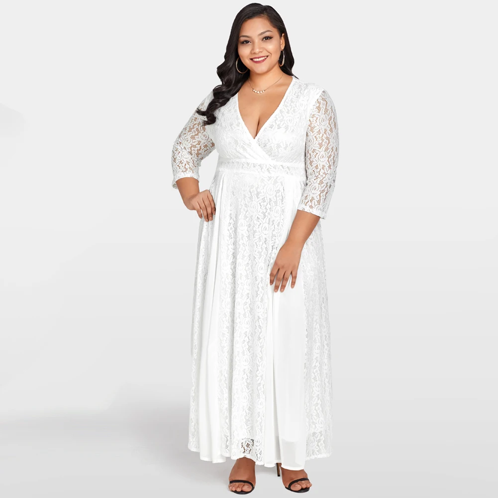 Fashion Plus Size 5XL White Maxi Lace Chiffon Dress Deep V Neck 3/4 ...