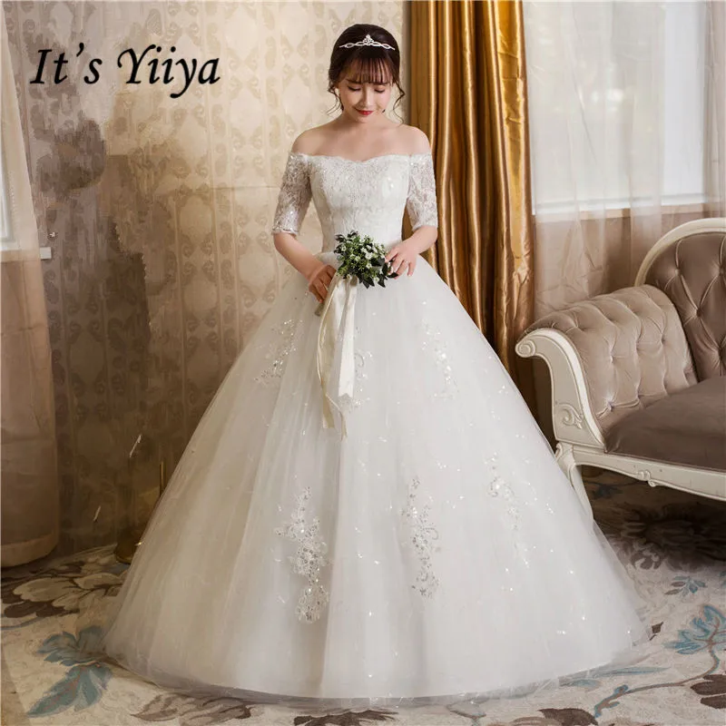 

It's YiiYa Wedding Dress Boat Neck Embrodiery Floor Length White wedding dresses Short Sleeve Lace Up Bridal Ball Gown HS247