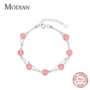 

MODIAN Genuine 100% 925 Sterling Silver Strawberry Lovely Chain Link Women Bracelet Natural Pink Crystal Bracelet Jewelry