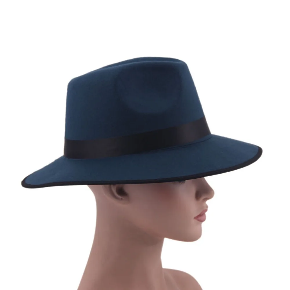 Модные Винтаж Для женщин шляпа с широкими полями ленты теплая шерсть Смеси фетровая шляпа котелок Fedora Кепки