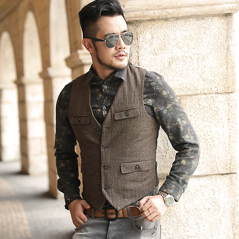 Для мужчин новые зимние army green шерстяные мульти-Карманы костюм жилет slim военные