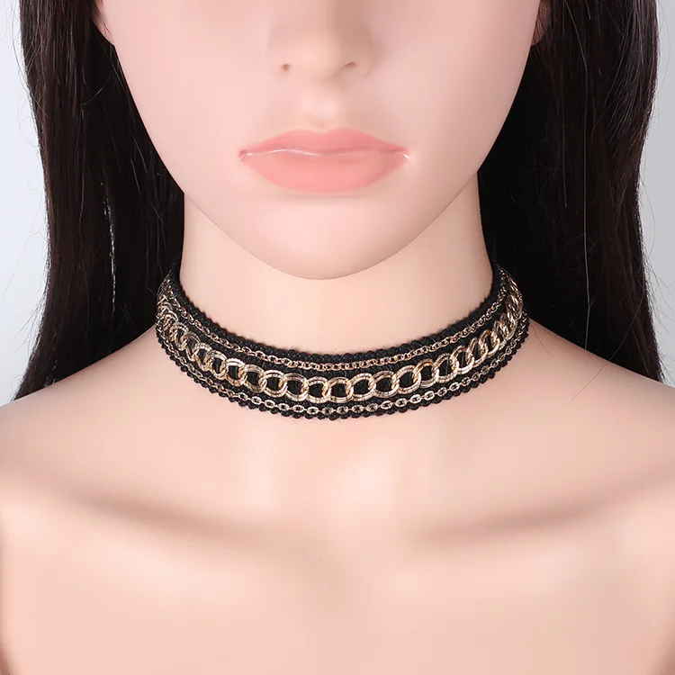 Панк choker ожерелье золотая цепь black lace для женщин ручной работы воротник женщина
