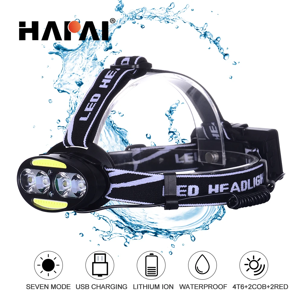 

Super bright LED headlamp 4 x T6 + 2 x COB + 2 x Red LED 15000 lumens led headlight 7 lighting modes with batteries charger